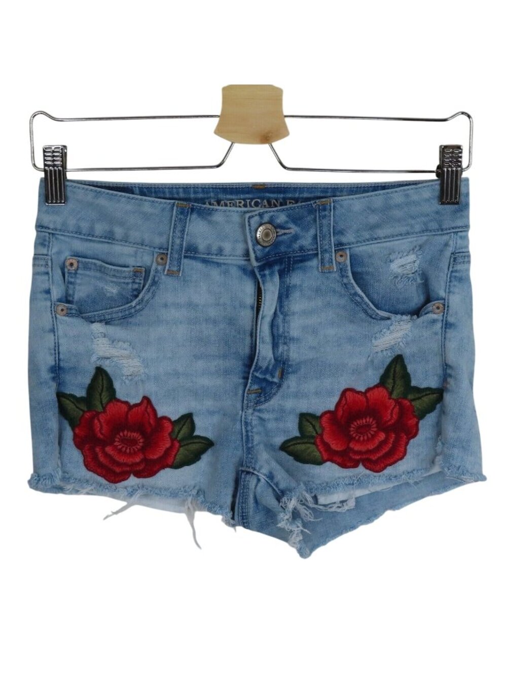 American Eagle Womens 4 Super Stretch Hi Rise Shortie Embroidered Roses Denim